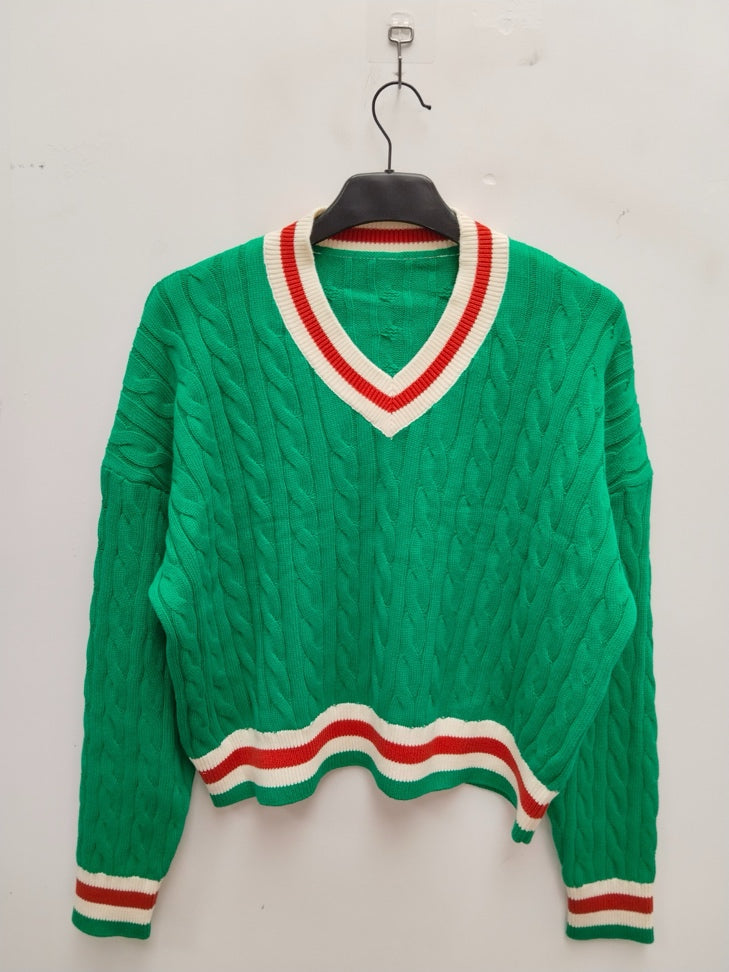 AFRITUDE Country Club green cable-knit sweater with striped V-neck