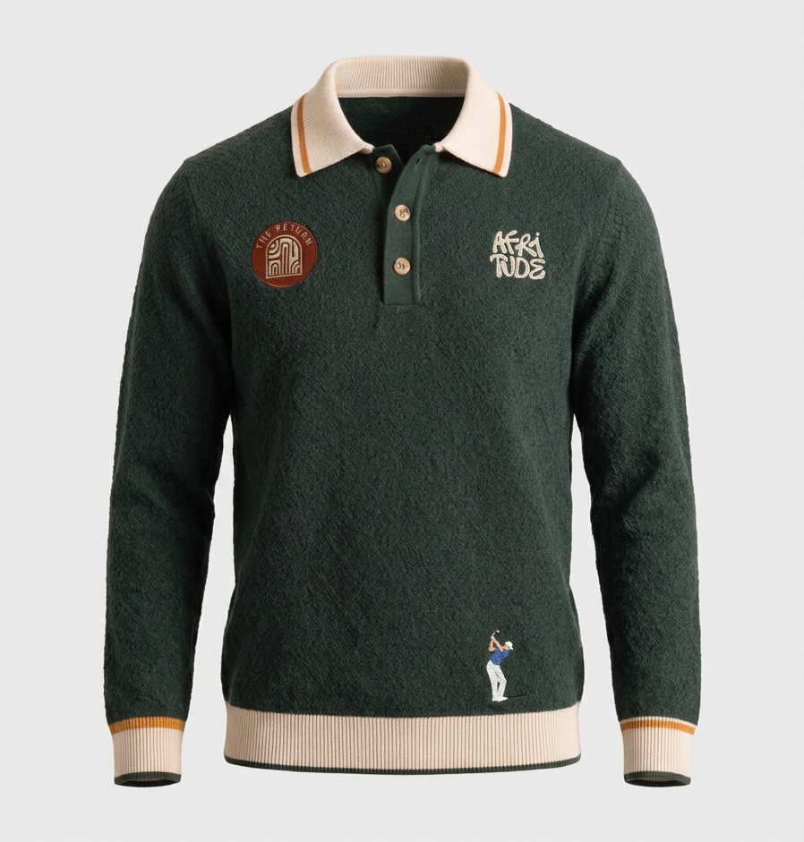 AFRITUDE Country Club Long-Sleeve Knit Polo in forest green with ivory trim