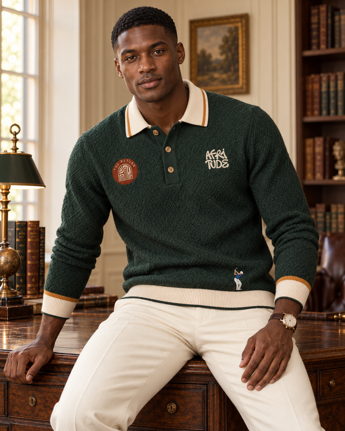 AI-generated male model wearing the AFRITUDE Country Club forest-green knit polo, seated in a library