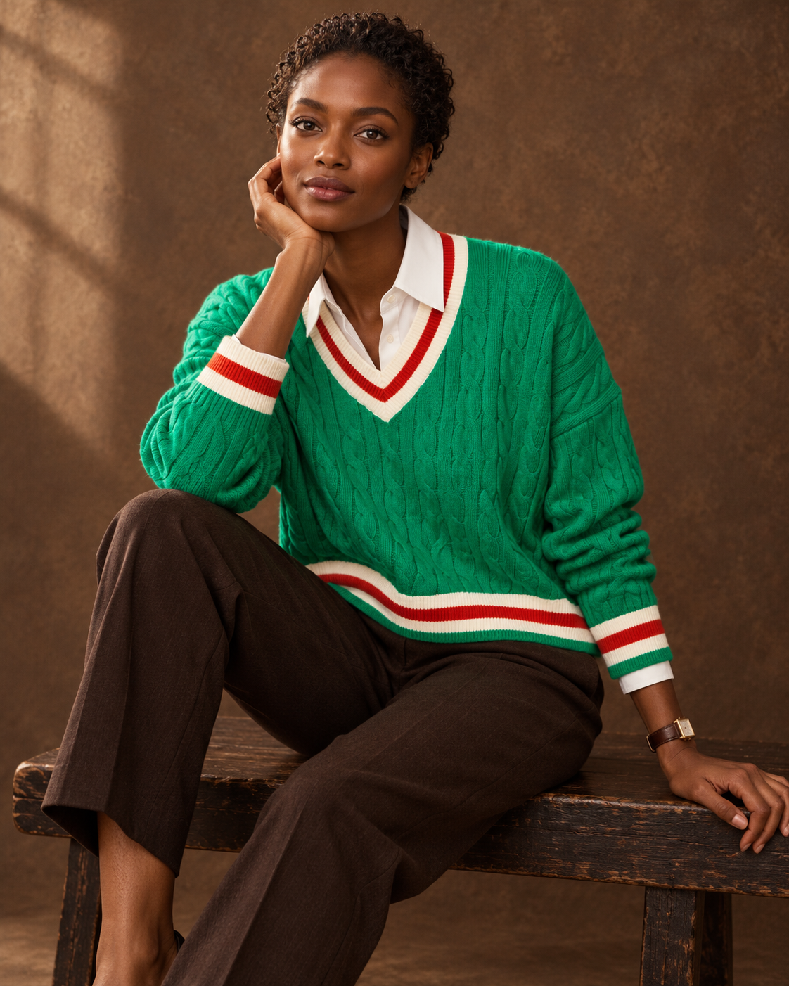 AI-generated female model wearing the AFRITUDE Country Club green cable-knit sweater in a seated studio portrait